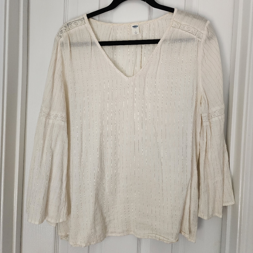 White & Gold Linen Boho Bell Sleeve Top